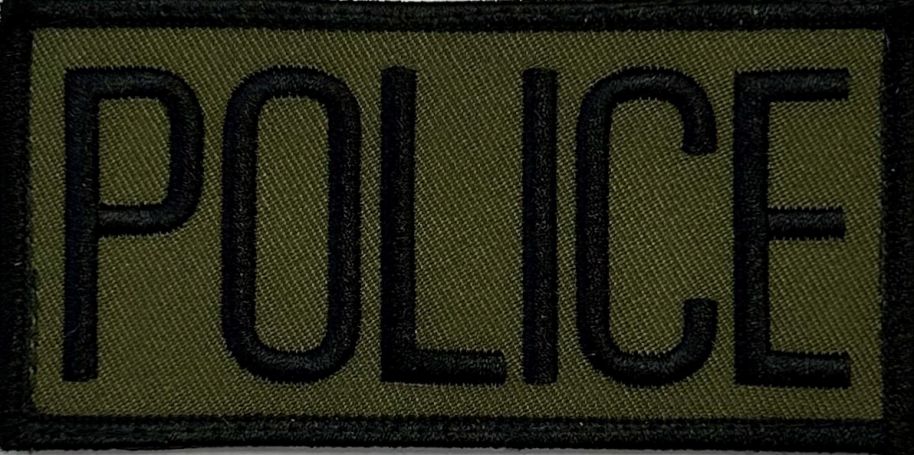 POLICE ID PATCH - 4"W X 2"T - BLACK ON OD GREEN / BLACK BORDER - SEW ON.